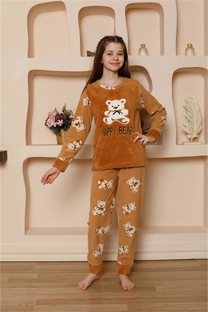 Moda Çizgi Kız Çocuk WelSoft Polar Pijama Takımı 20522 Sütlü Kahve
