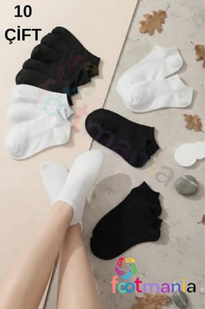 10'lu Beyaz Ve Siyah Kadın Kısa Patik Bilek Çorap