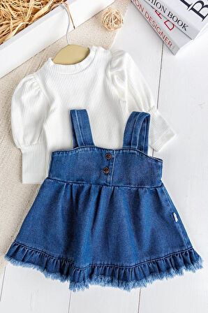 Kız Bebek Püsküllü Kot Jile Elbise Balon Bluz Lüks Jean Takım