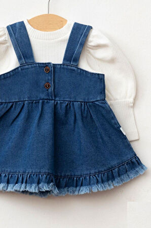 Kız Bebek Püsküllü Kot Jile Elbise Balon Bluz Lüks Jean Takım