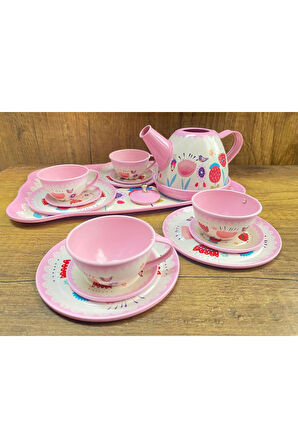 Kutulu 15 Parça Çay Seti Fincan Takımı Metal Evcilik Oyunu Pembe Kutulu Oyuncak Çay Seti
