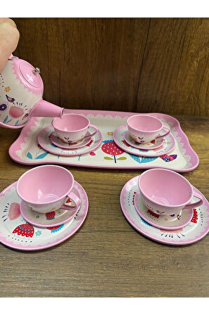 Kutulu 15 Parça Çay Seti Fincan Takımı Metal Evcilik Oyunu Pembe Kutulu Oyuncak Çay Seti
