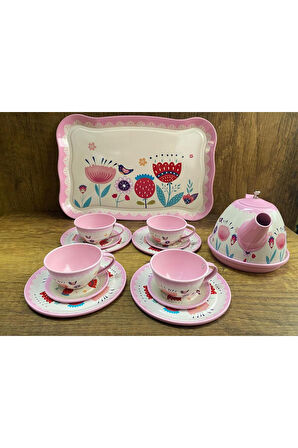 Kutulu 15 Parça Çay Seti Fincan Takımı Metal Evcilik Oyunu Pembe Kutulu Oyuncak Çay Seti