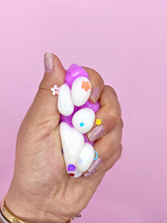Pati Taba Squishy Kedi Pati Sıkma 7 cm Pullu Pati Sukuşi - Mor/Beyaz