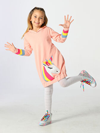 Unicorn Kolları Renkli Hoodie Kız Çocuk Elbise