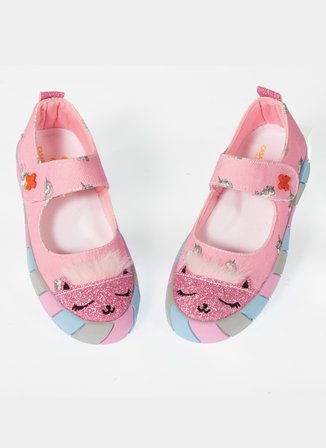 Pembe Kedi Kanvas 3D Kız Çocuk Babet