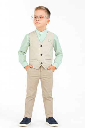 3'lü Set Erkek Çocuk Gabardin Yelek & Pantolon & Dokuma Gömlek