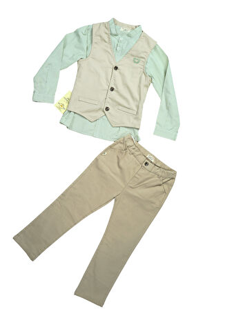 3'lü Set Erkek Çocuk Gabardin Yelek & Pantolon & Dokuma Gömlek