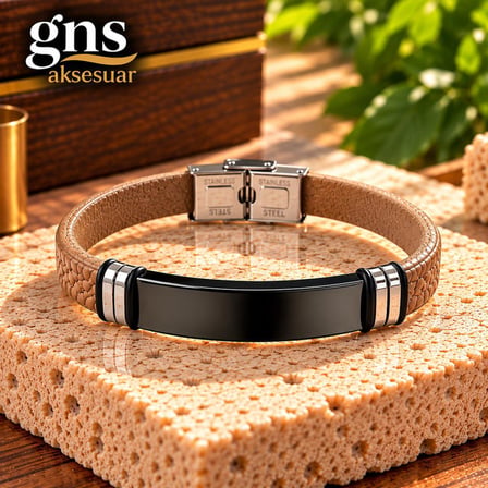2 Farklı Renk Bir Arada Deri Çelik Mixli Şık Trend Model Erkek Çelik Bileklik 21,5 cm