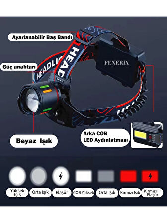 Alaska SDR-8093 Şarjlı Kafa Lambası 7 Mod Aydınlatma 30 Watt Arka Cob LED Kırmızı İkaz Işıklı