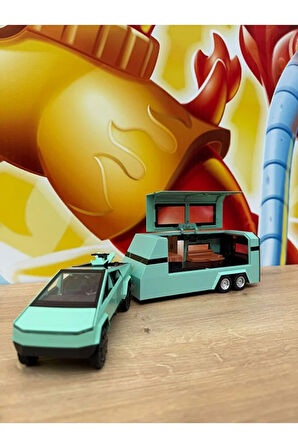 Diecast Metal Tesla Cybertruck Pickup ve Karavan Sesli Işıklı Açılan Kapılar Tesla Diecast Araba