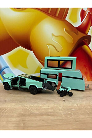 Diecast Metal Tesla Cybertruck Pickup ve Karavan Sesli Işıklı Açılan Kapılar Tesla Diecast Araba