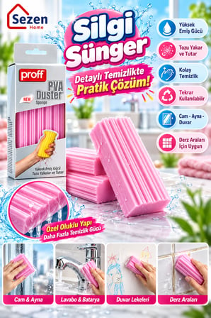 Proff PVA Silgi Sünger – Yüksek Emiş Güçlü Toz Tutucu Oluklu Temizlik Süngeri, Yıkanabilir Pratik Toz Alma Süngeri