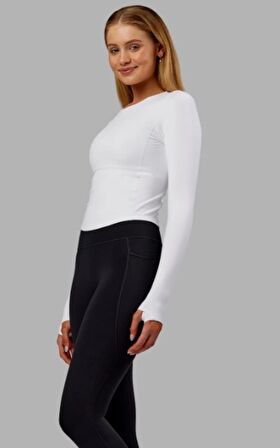 Beyaz Bisiklet Yaka Uzun Kol Body DARKALIP Cotton Ribana Kumaş Parmak Geçmeli  Jimnastik Spor Body