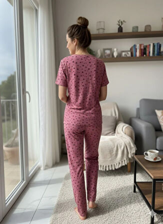 KADIN YILDIZ DETAYLI PEMBE PİJAMA TAKIMI