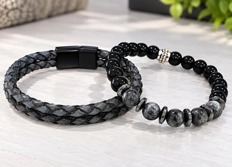 Gri Renk %100 Deri&Labradorit 3 Lü Kombin Erkek Bileklik Seti 20 cm (Türk El Üretimi)