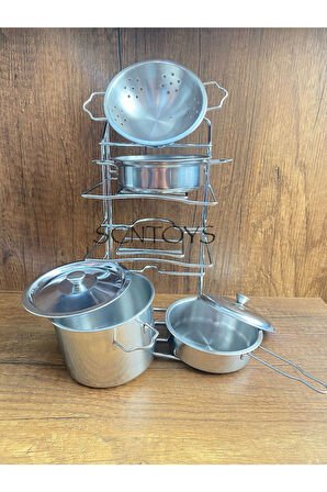 Oyuncak 7 Parça Raflı Tencere Tava Seti Metal Evcilik Mutfak Tencere Tava Seti Paslanmaz Çelik