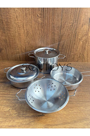 Oyuncak 7 Parça Raflı Tencere Tava Seti Metal Evcilik Mutfak Tencere Tava Seti Paslanmaz Çelik