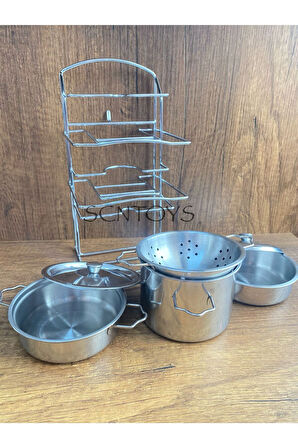Oyuncak 7 Parça Raflı Tencere Tava Seti Metal Evcilik Mutfak Tencere Tava Seti Paslanmaz Çelik