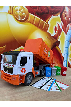 Oyuncak Çöp Kamyonu Konteynırlı Büyük Full Fonksiyonlu Sesli Işıklı Damperli Temizlik Arabası