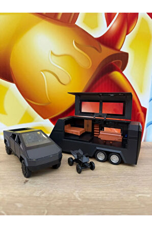 Tesla Cybertruck Diecast + Tesla Karavan Oyuncak Tesla Diecast Model Araba 3'Lü Set Sesli Işıklı