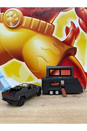 Tesla Cybertruck Diecast + Tesla Karavan Oyuncak Tesla Diecast Model Araba 3'Lü Set Sesli Işıklı