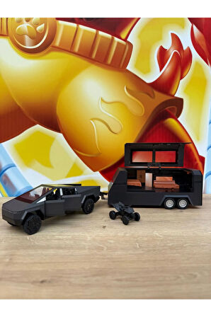 Tesla Cybertruck Diecast + Tesla Karavan Oyuncak Tesla Diecast Model Araba 3'Lü Set Sesli Işıklı