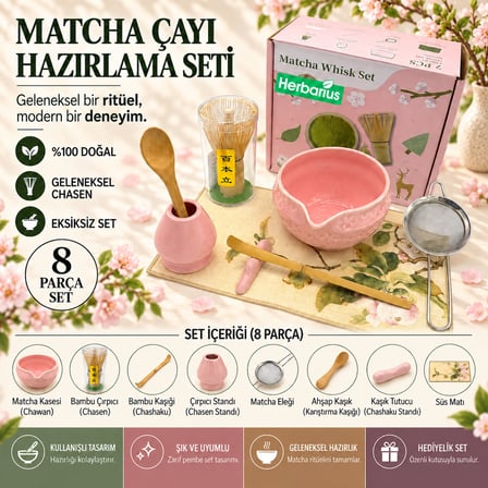 Herbarius 8 Parça Çiçek Desenli Parlak Pudra Pembe Renk Matcha Çayı Hazırlama Seti - Geleneksel Japon Matcha Seti