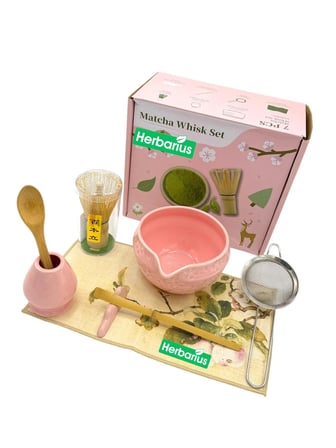 Herbarius 8 Parça Çiçek Desenli Parlak Pudra Pembe Renk Matcha Çayı Hazırlama Seti - Geleneksel Japon Matcha Seti