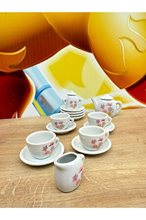 17 Parça Seramik Çiçek Desenli Çay Seti Oyuncak Porselen Çay Seti 17 Parça Evcilik Oyun Seti