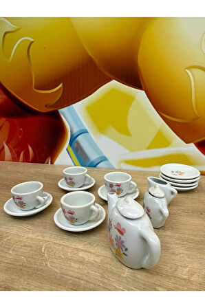 17 Parça Seramik Çiçek Desenli Çay Seti Oyuncak Porselen Çay Seti 17 Parça Evcilik Oyun Seti