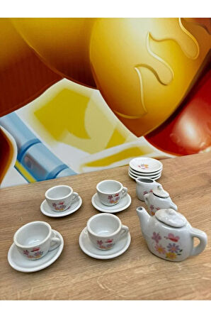 17 Parça Seramik Çiçek Desenli Çay Seti Oyuncak Porselen Çay Seti 17 Parça Evcilik Oyun Seti