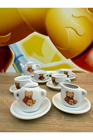 Seramik Çay Seti 17 Parça Oyuncak Porselen Çay Seti Ayıcıklı Evcilik Oyuncakları