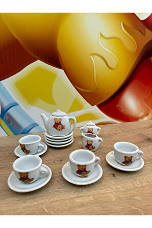 Seramik Çay Seti 17 Parça Oyuncak Porselen Çay Seti Ayıcıklı Evcilik Oyuncakları