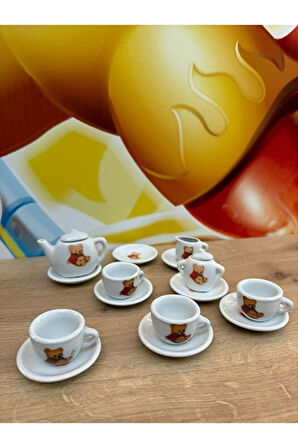 Seramik Çay Seti 17 Parça Oyuncak Porselen Çay Seti Ayıcıklı Evcilik Oyuncakları