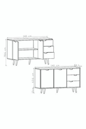 Defne Konsol 140 Cm 2 Kapak 3 Çekmece Konsol Safir Meşe - Beyaz