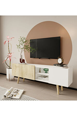 Milano Ahşap Ayaklı Modern Tv Ünitesi 160 Cm Safir Meşe - Beyaz