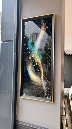 Gold ve Renkli Tüyler Temalı Cam Tablo