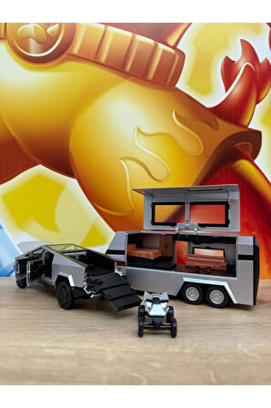 Diecast Metal Tesla Cybertruck Pickup ve Karavan Gri Tesla Cybertruck +Atv+Karavan 3'lü Set Diecast