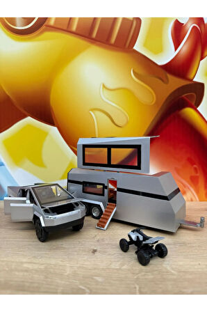 Diecast Metal Tesla Cybertruck Pickup ve Karavan Gri Tesla Cybertruck +Atv+Karavan 3'lü Set Diecast