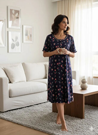 KADIN ÇİÇEK DESENLİ GECELİK PİJAMA TAKIM