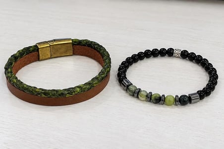 Taba&Yeşil Renk %100 Deri&DoğalTaş 3 lü Kombin Erkek Bileklik Set 20 cm (Türk El Üretimi)