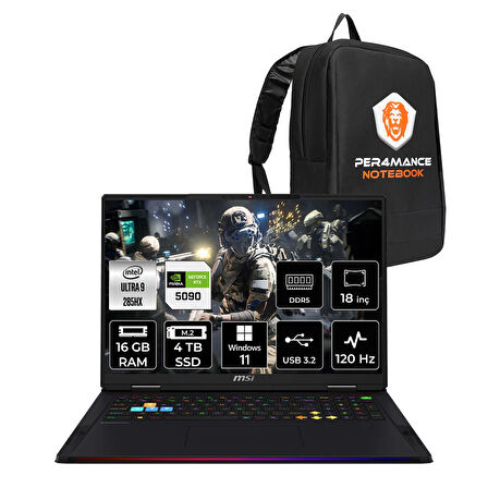 MSI Raider 18 HX AI Ultra 9 285HX 16GB 4TB SSD RTX5090/24GB 175W 18'' UHD+ W11P Gaming Laptop