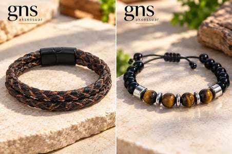 Kahverengi %100 Deri&Kaplangözü 3 Lü Kombin Erkek Bileklik Set 21 cm (Türk El Üretimi)