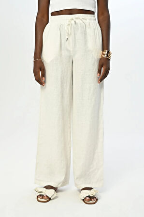 KADIN BELİ LASTİKLİ BOL PAÇA DÜZ RENK KETEN PANTOLON