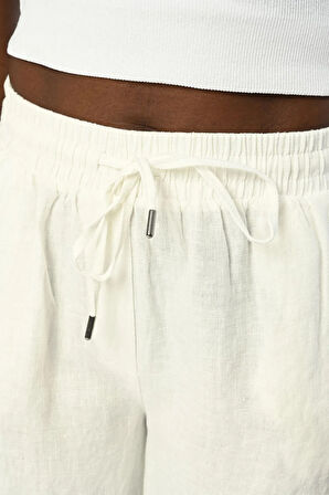 KADIN BELİ LASTİKLİ BOL PAÇA DÜZ RENK KETEN PANTOLON