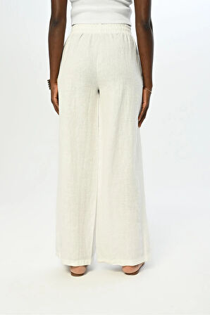 KADIN BELİ LASTİKLİ BOL PAÇA DÜZ RENK KETEN PANTOLON