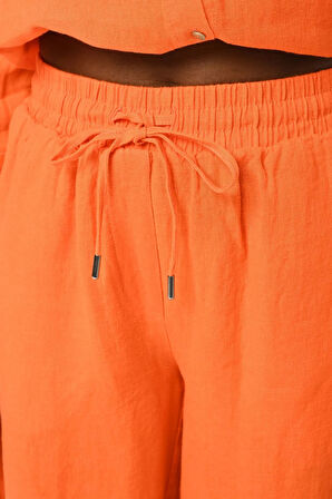 KADIN BELİ LASTİKLİ BOL PAÇA DÜZ RENK KETEN PANTOLON