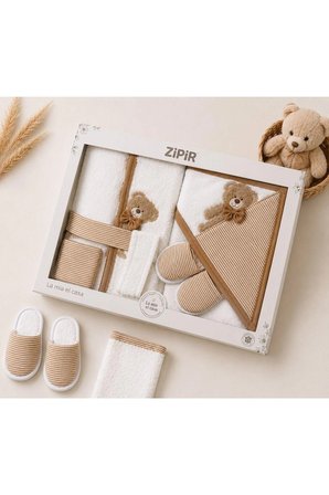 Unisex Bebek Bornoz Seti %100 Pamuk Nakışlı Yenidoğan Banyo Havlu Seti 0-1 Yaş Kutulu Hediyelik 4 Parça