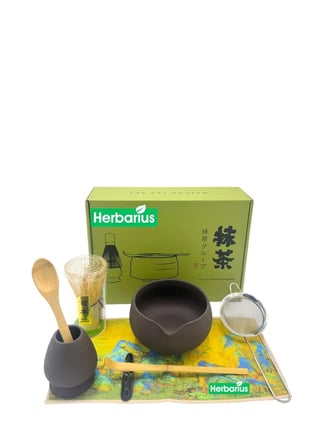 Herbarius 8 Parça Dokulu Mat Siyah Renk Matcha Çayı Hazırlama Seti - Geleneksel Japon Matcha Seti